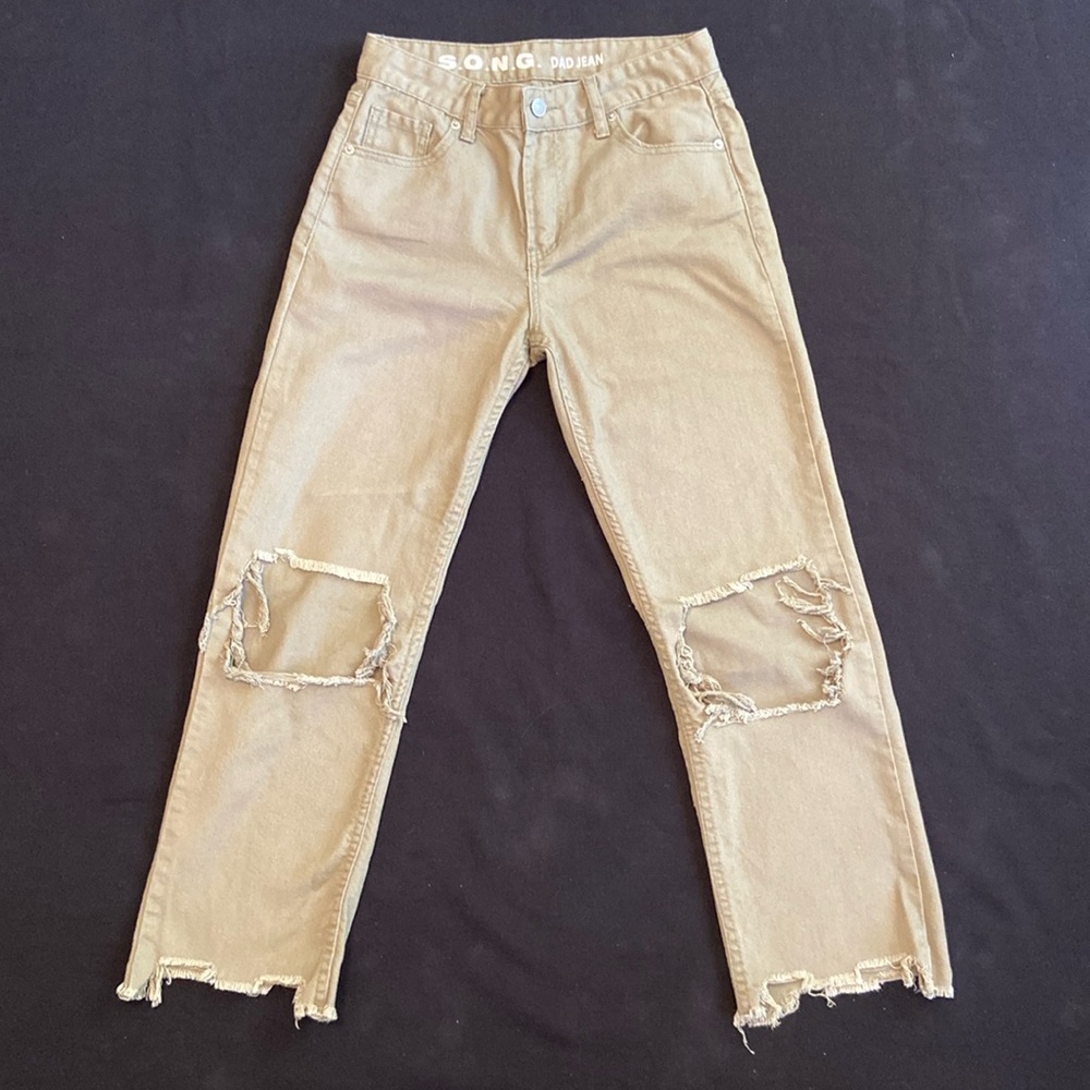 S.O.N.G. Women’s “Dad Jean” Distressed Raw Hem Olive Green Size 3/26